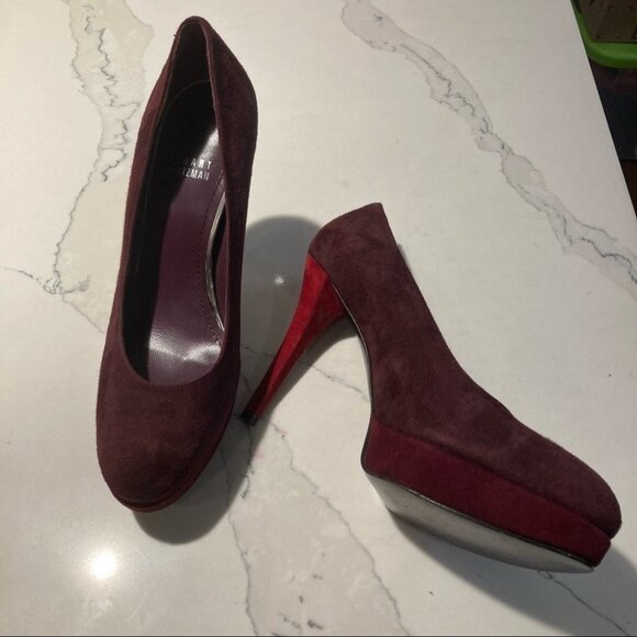 STUART WEITZMAN Sz 8.5 Burgundy Red Suede Heels Platform Woodgrain Design Shoes - Picture 2 of 10